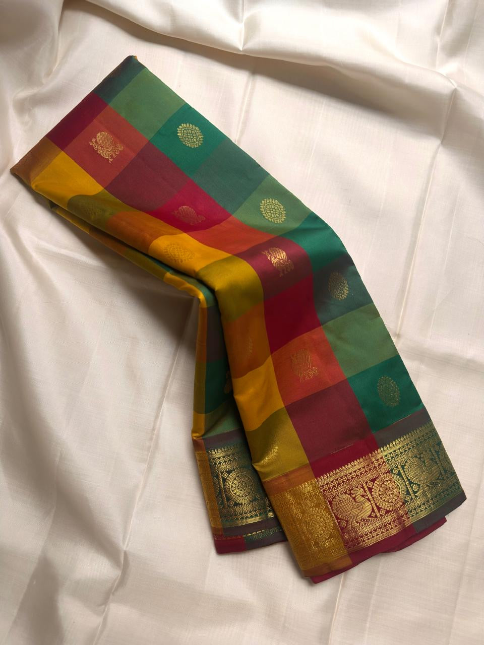 Multicolour Kancheepuram Paalum Pazhamum silk saree, full-length view