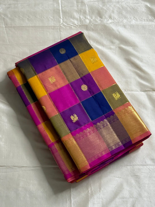 Navaranga Kattam — Multi-Color Paalum pazhamum checks  Kanchipuram Pure Silk

Rani-magenta contrast border & rich zari pallū 

Gold coin & peacock buttas over jewel-tone squares

Handloom Kanchipuram • Matching magenta blouse with borders