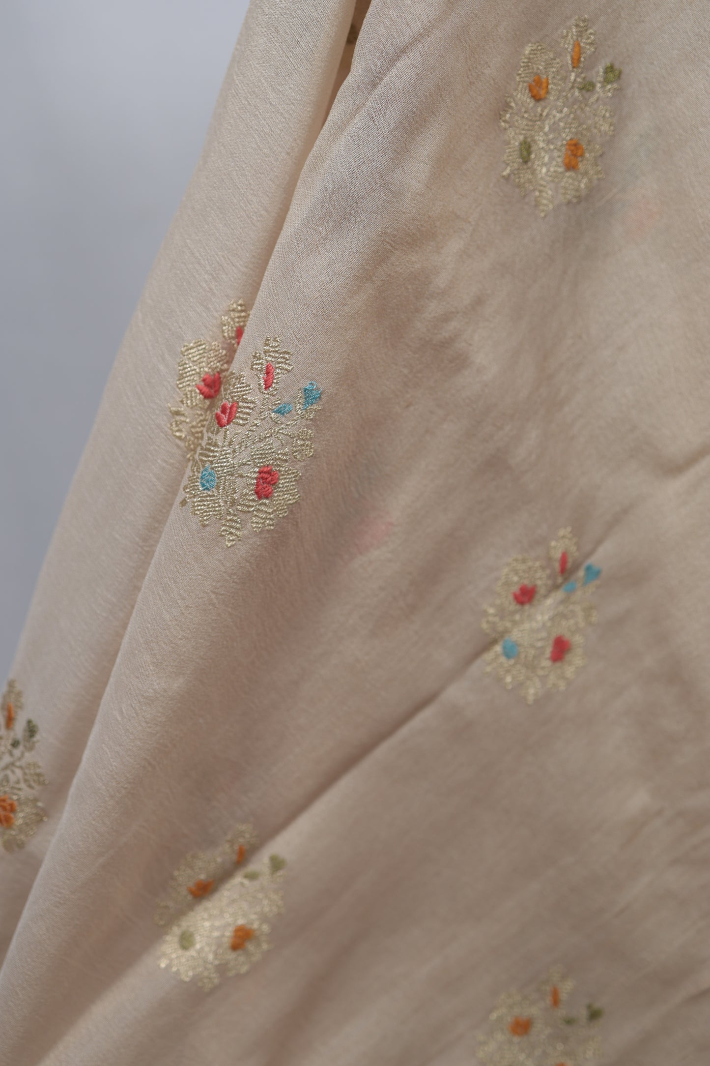 Festive golden beige Banarasi saree paired with embroidered velvet blouse