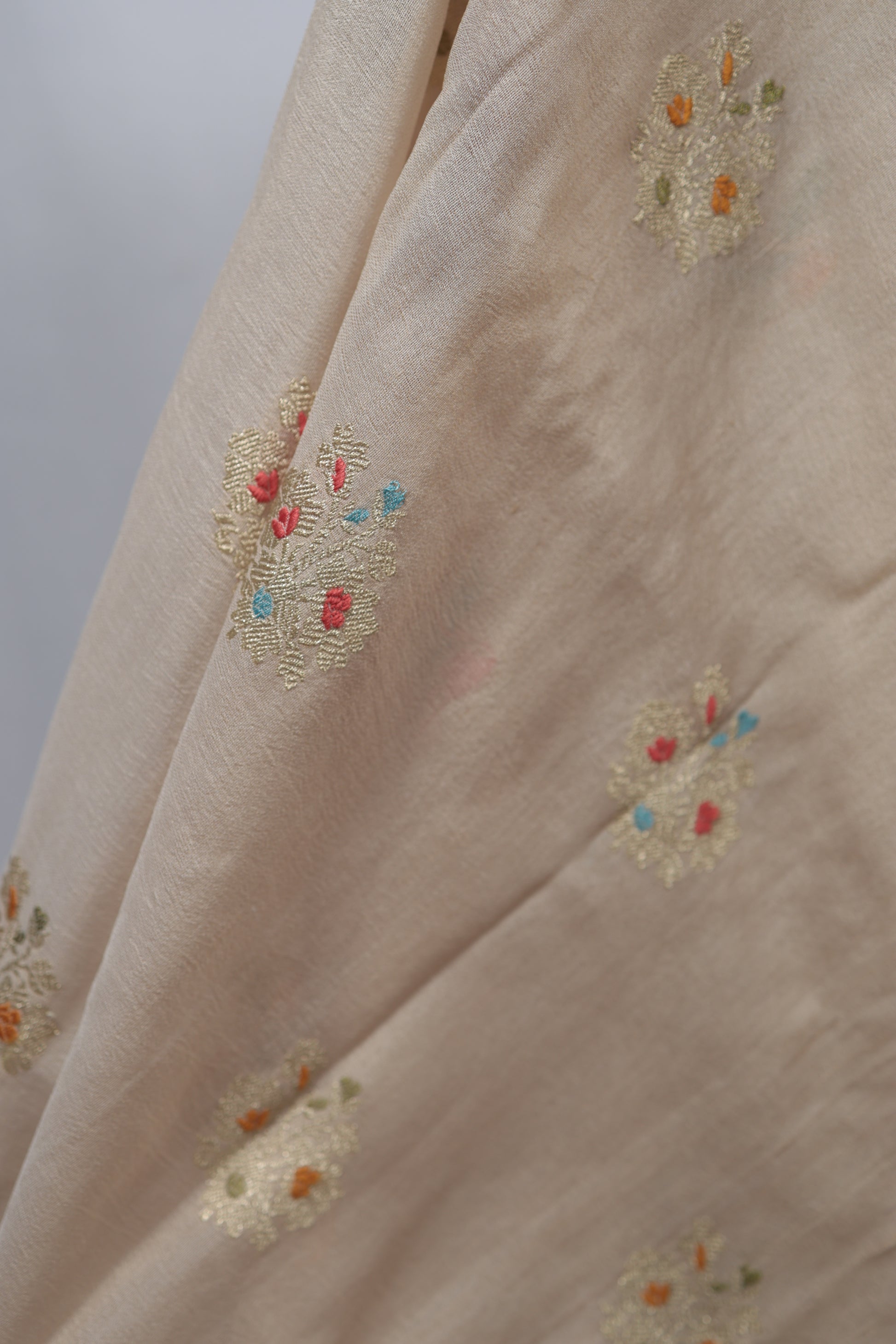 Festive golden beige Banarasi saree paired with embroidered velvet blouse