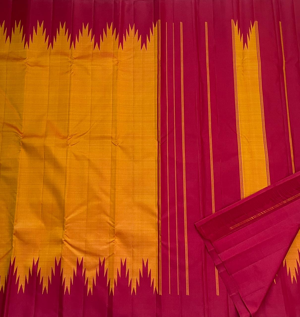 Chilli red pallu of golden mustard Pattupet Kanjivaram saree