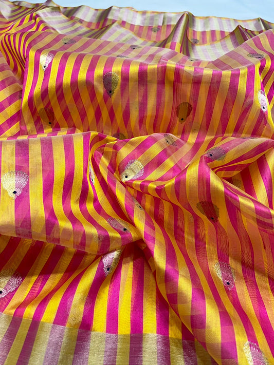Pink and yellow striped pure silk Chanderi saree with Ek Naal Butti motifs