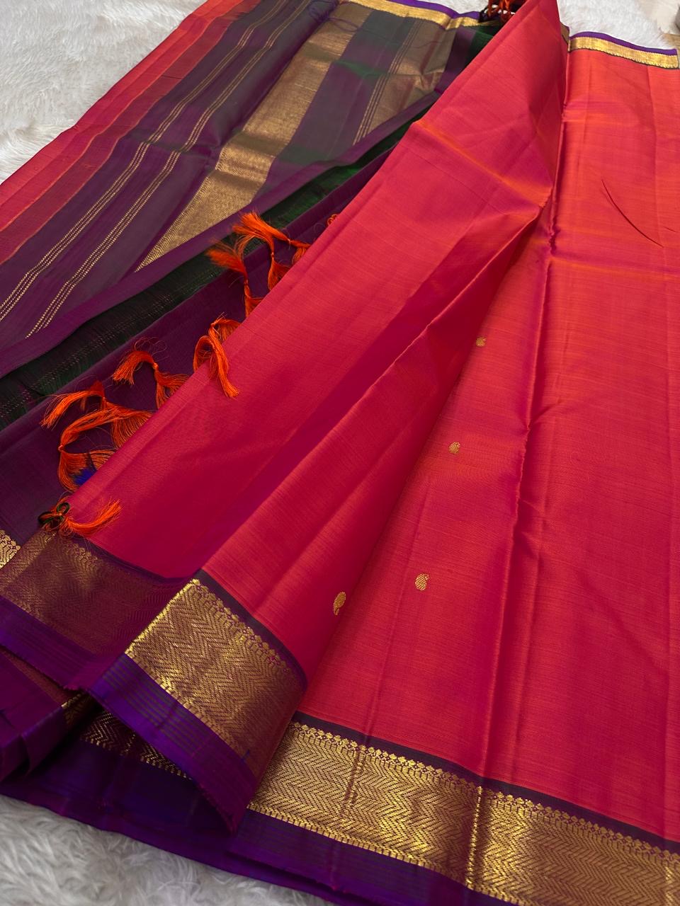 Varam – Vibrant Red Kanchipuram Silk Saree with Chevron Zari Border & Gold Paisley Buttas | Traditional South Indian Wedding Wear | Pure Heritage Handloom
