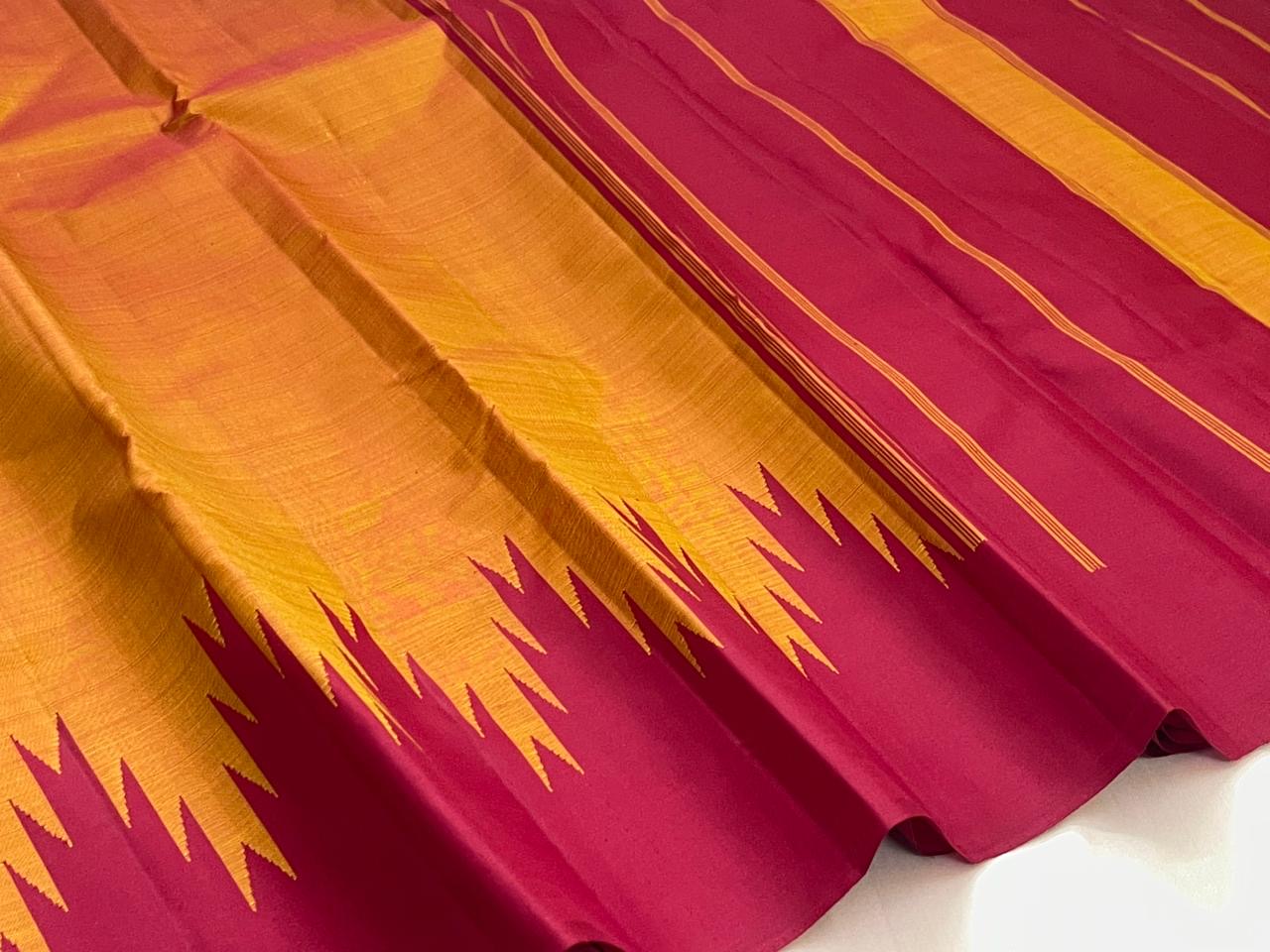 Golden mustard and chilli red Pattupet Kanjeevaram saree folded flat view