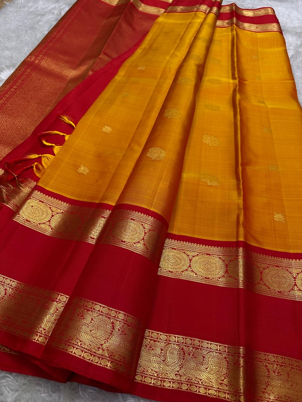 Traditional gold zari paisley detailing on red border of Kanchipuram rettapet saree
