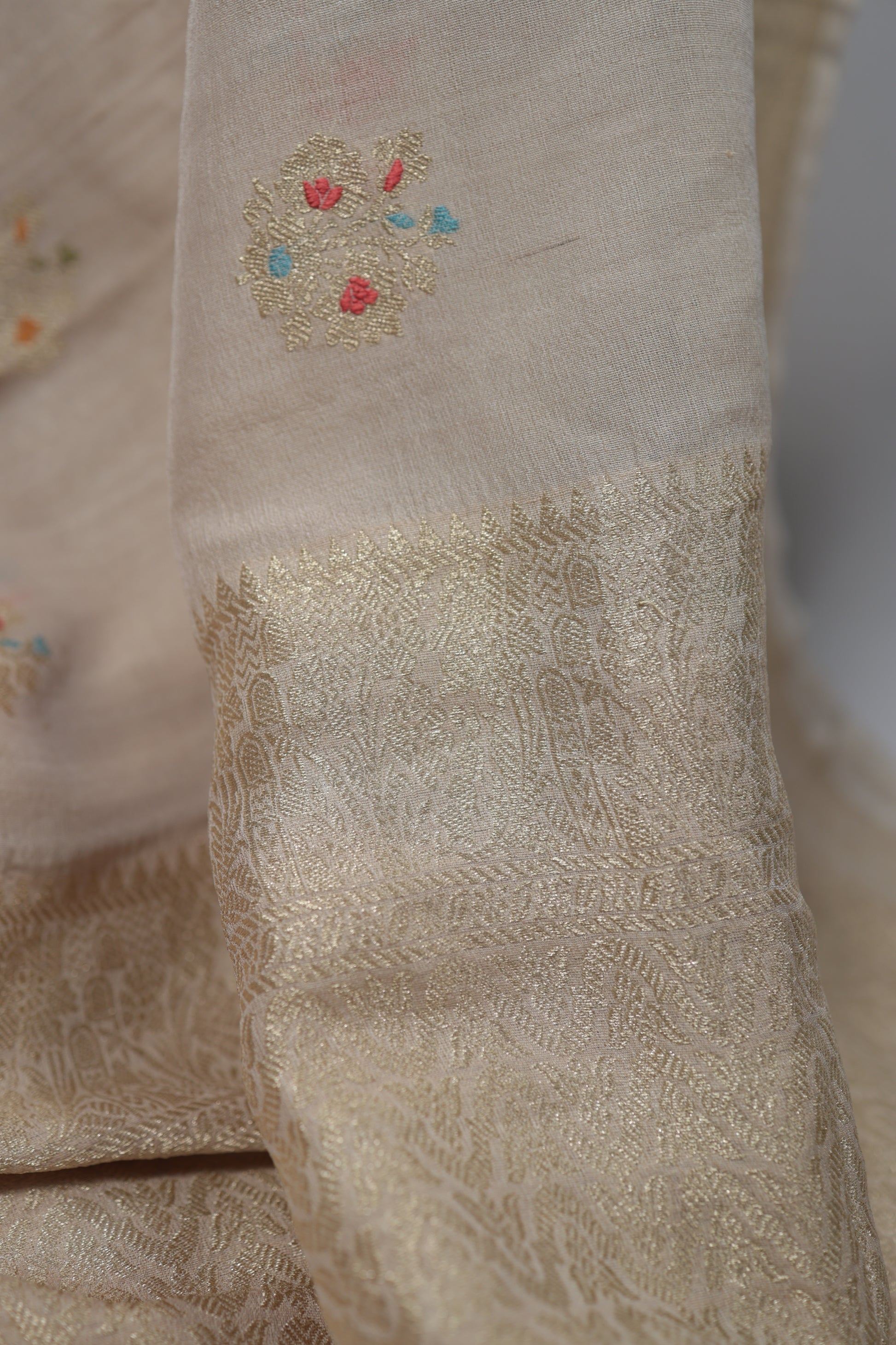 Traditional Banarasi silk saree in golden beige with rich velvet blouse