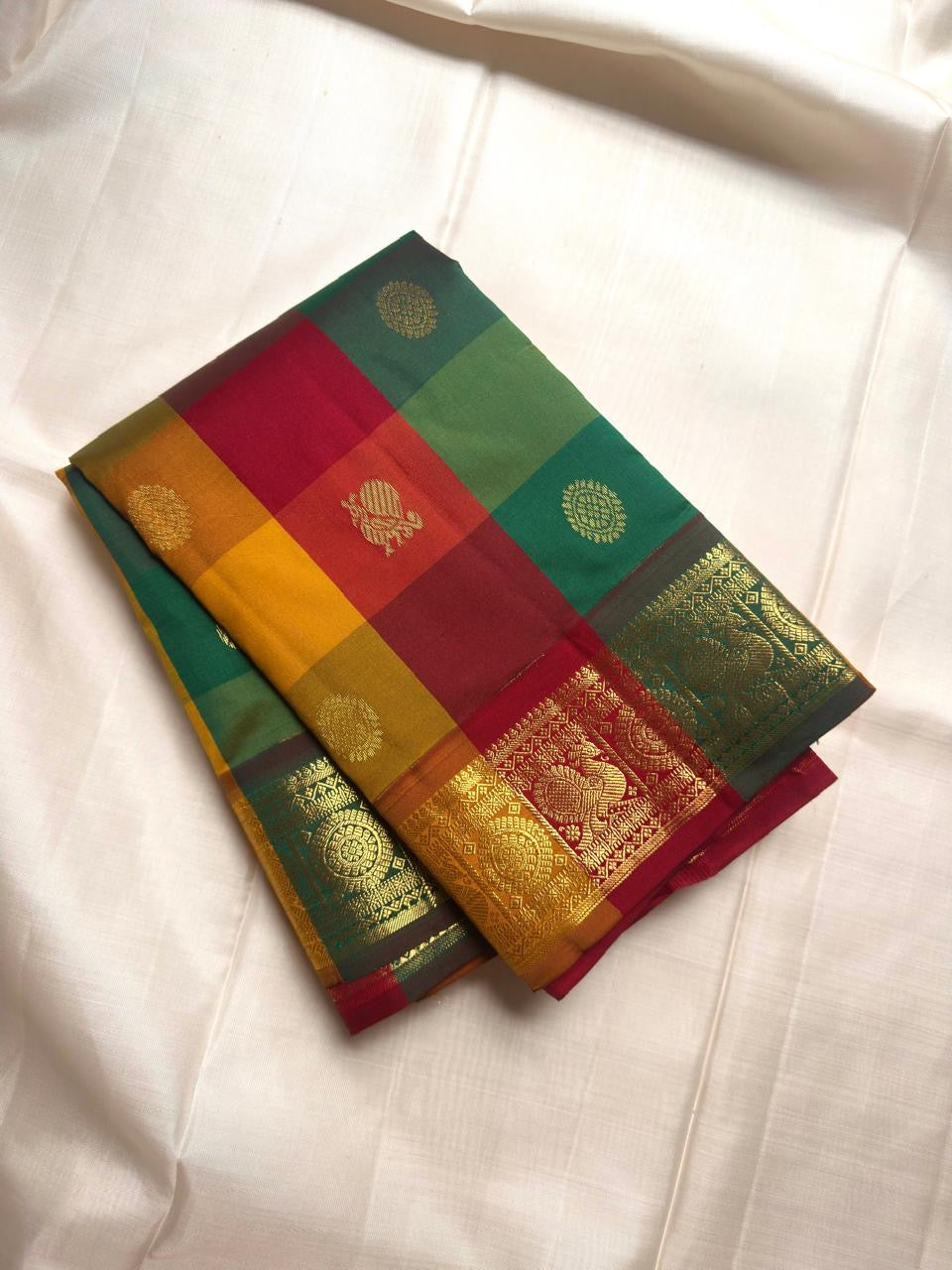 Pallu detail of multicolour Kancheepuram silk Paalum Pazhamum saree