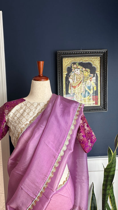 Pure banarasi silk blouse with pure tissue silk  saree - Cream and Lavender ( Rita series )