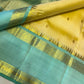 Sunlit Butter Yellow ✨ – Pure Kanchipuram Silk Saree in Butter Yellow & Sea Green with Gold Zari Temple Border & Grand Brocade Pallu – Silk Mark Certified, Fall & Pico Done, Blouse Stitching Available, ships in 2 weeks