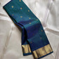 Draped peacock teal and deep blue Kanchipuram silk with scattered gold zari buttas and antique-gold zari border