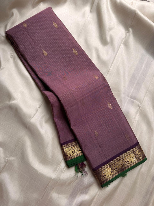 Padmika – Graceful Pink Zari Kattam Kanchipuram Silk Saree with Majestic Purple Vanasringaram Border & Green Selvedge