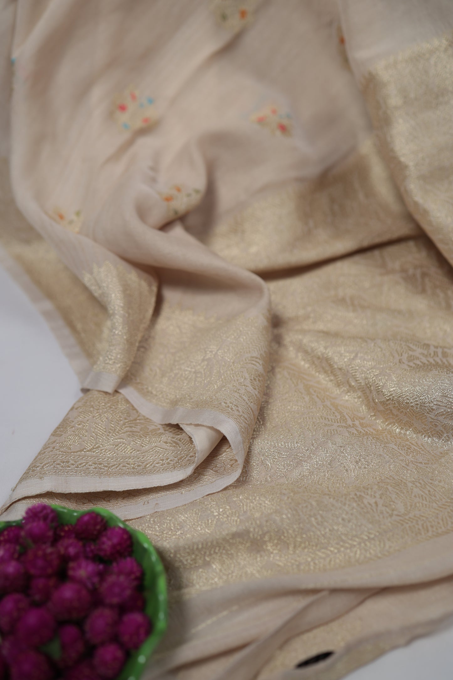 Golden beige Banarasi silk saree in lightweight tussar georgette fabric