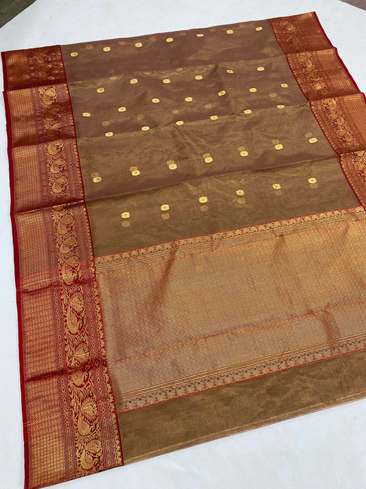 Pure silk Chanderi handloom in stunning sand brown with brick red border in tissue silk katan chanderi