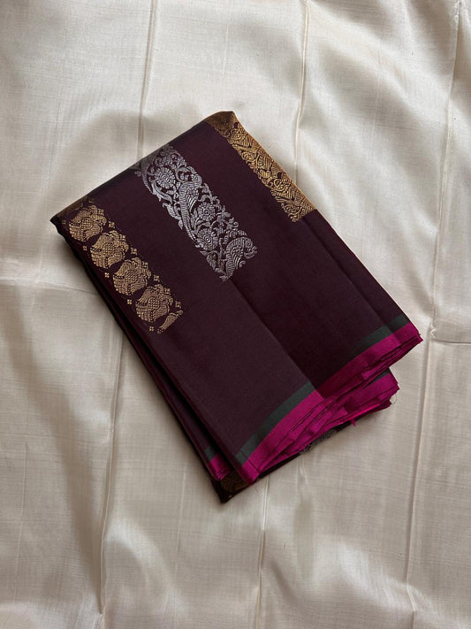 Lavanya– deep brown Handwoven Kanchipuram Silk Saree in Brown with Gold & Silver Zari, this deep brown Kanchipuram silk saree with intricate motifs in gold and silver zari, including Gandaberunda, parrots, elephants &lotuses as seen on Nita Ambani