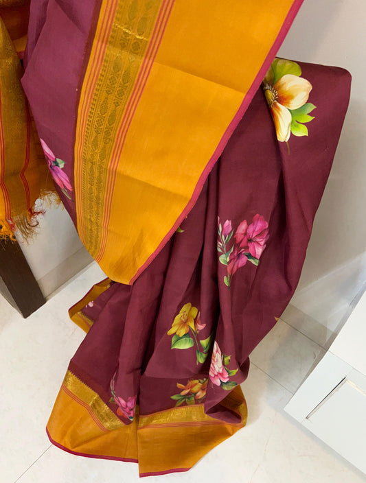 Mandaram – One-of-a-Kind Deep Brown Pure Kanchipuram Silk Saree with Golden Mustard Zari Fish Motifs, Monsoon Hibiscus Floral Print & Striking Red Selvedge (Silk Mark Certified, Woven in Sunguvar Sathiram( Kanchi) Printed in Delhi)