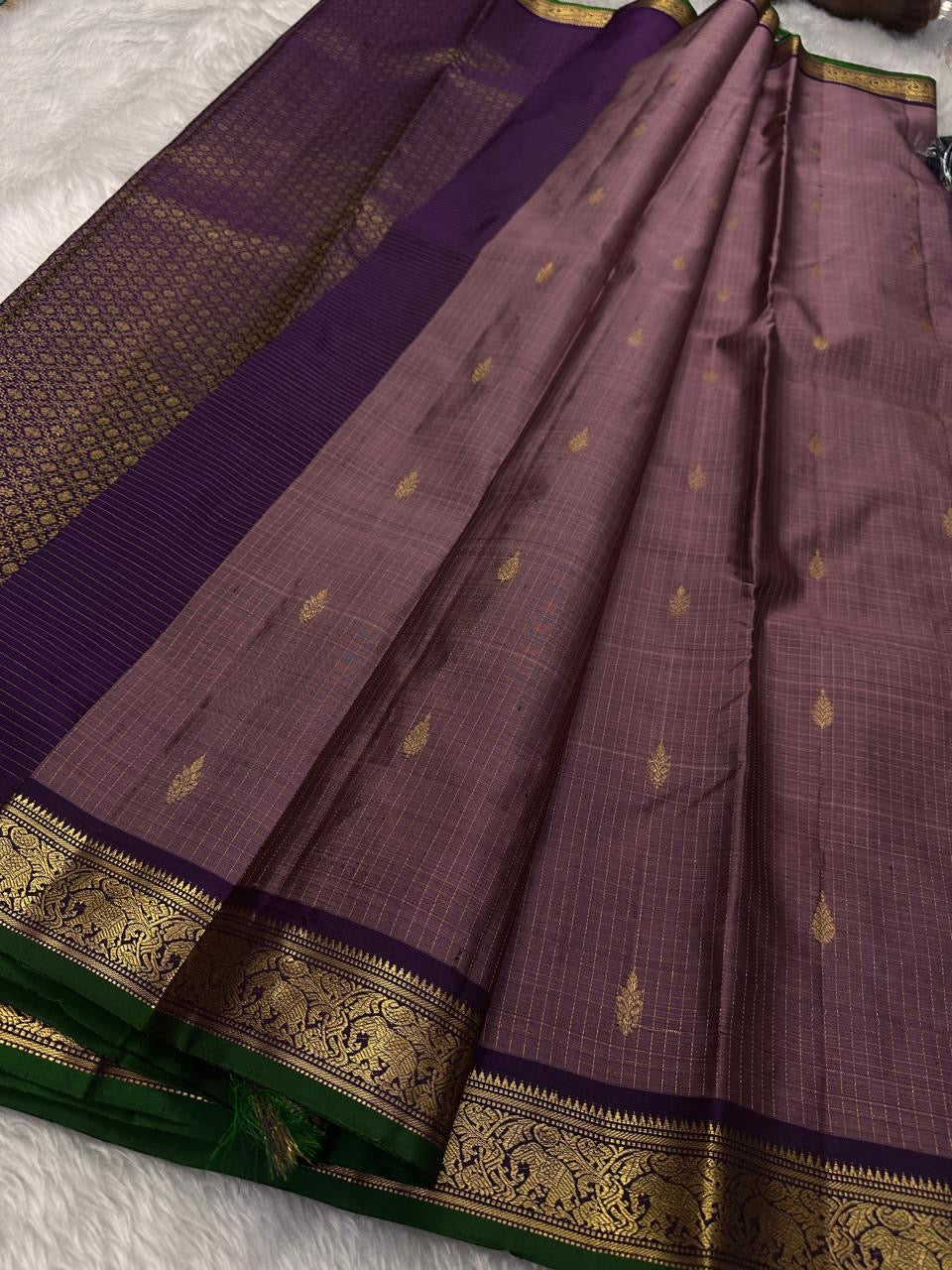 Padmika – Graceful Pink Zari Kattam Kanchipuram Silk Saree with Majestic Purple Vanasringaram Border & Green Selvedge