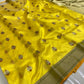 Pure Silk Chanderi – Marigold Yellow with Gold–Silver Buttas
Olive-Silver Kaddi Border & Shimmering Tissue Pallu ✨
Silk Mark Certified • Free Shipping within USA • Ships in Two Weeks