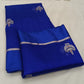 Royal Blue handloom Pattu Silk Chanderi saree displayed with silver motifs, red accents and fine striped pallu