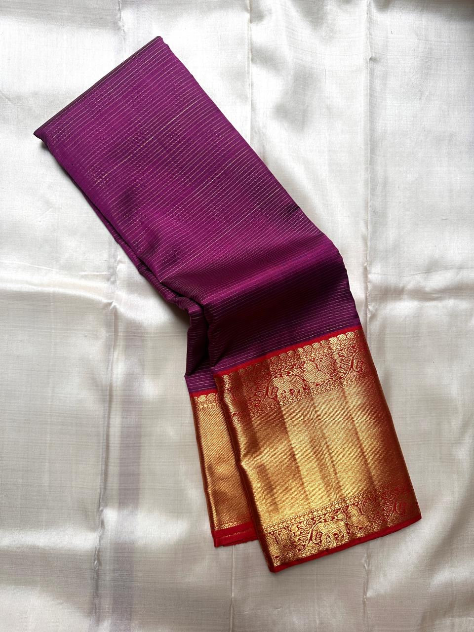 Aubergine Purple pure silk Kanchipuram saree, Vairaoosi weave with Antique Gold Zari border — full drape view