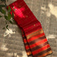 Pillar-Box Red pure silk Kanchipuram saree, Varisaipet weave with Deep Brown border — full drape view
