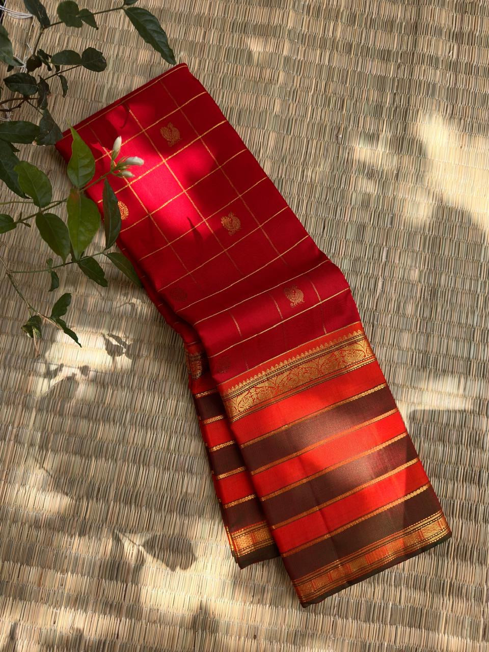 Pillar-Box Red pure silk Kanchipuram saree, Varisaipet weave with Deep Brown border — full drape view