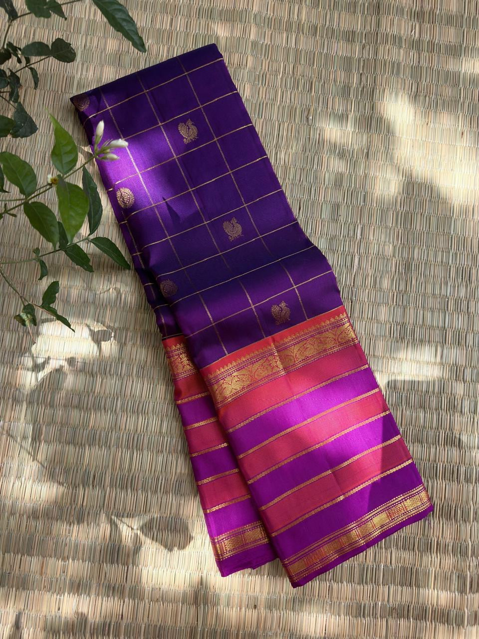Royal Purple pure silk Kanjivaram saree, Varisaipet weave with Rani Pink border — full drape view