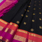 Kanmani — Black & Rani Pure Silk Kanchipuram Saree
Inky black body with gold medallion & peacock buttas
Striking rani-pink and kavi-orange korvai borders with temple-edge zari
Rich rani-pink brocade pallu with grid jaal & heritage vines
Silk Mark Cert