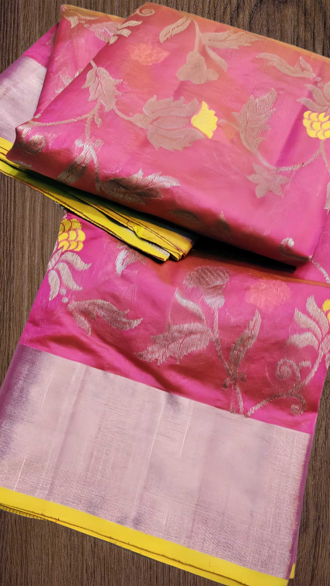 Pure silk Chanderi Pink and yellow butti saree- all over jaal