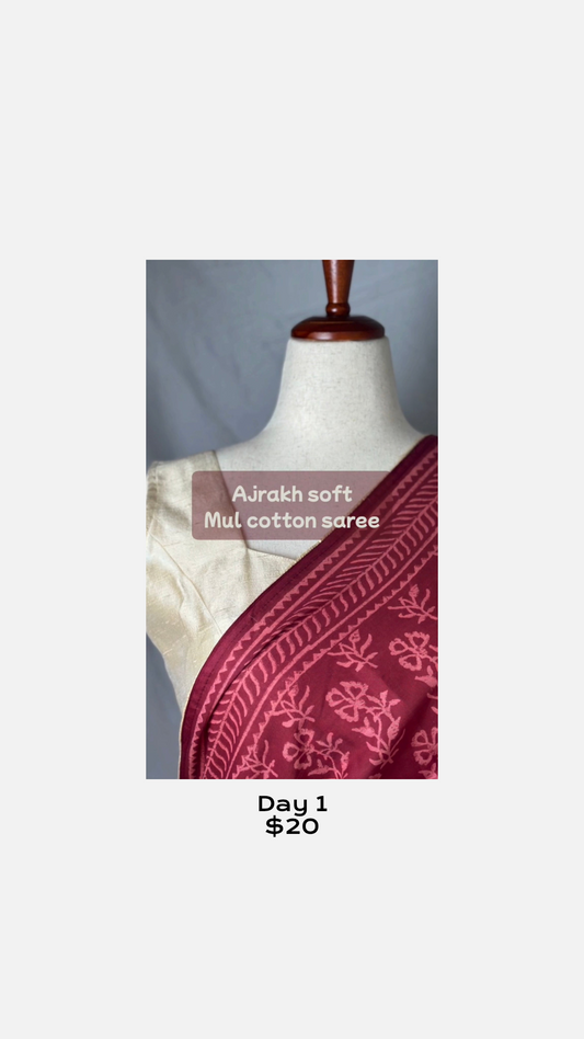 Day 1 advent ❤️Ajrakh Eco-Dyed Handloom Cotton Saree | Natural Vegetable Dyes | Fall & Pico Done ✅ | free shipping within usa