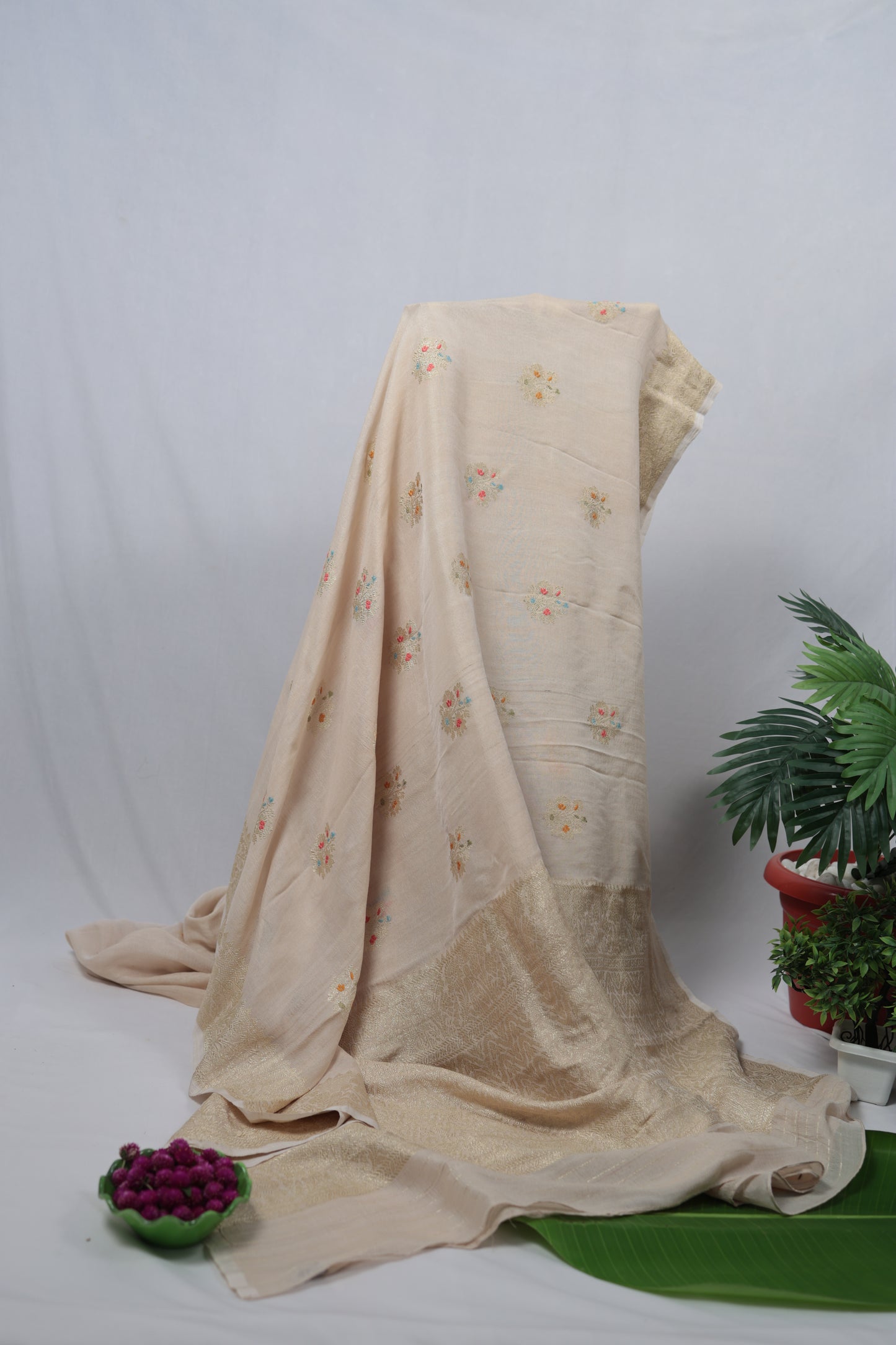 Soft drape tussar georgette Banarasi saree in elegant golden beige
