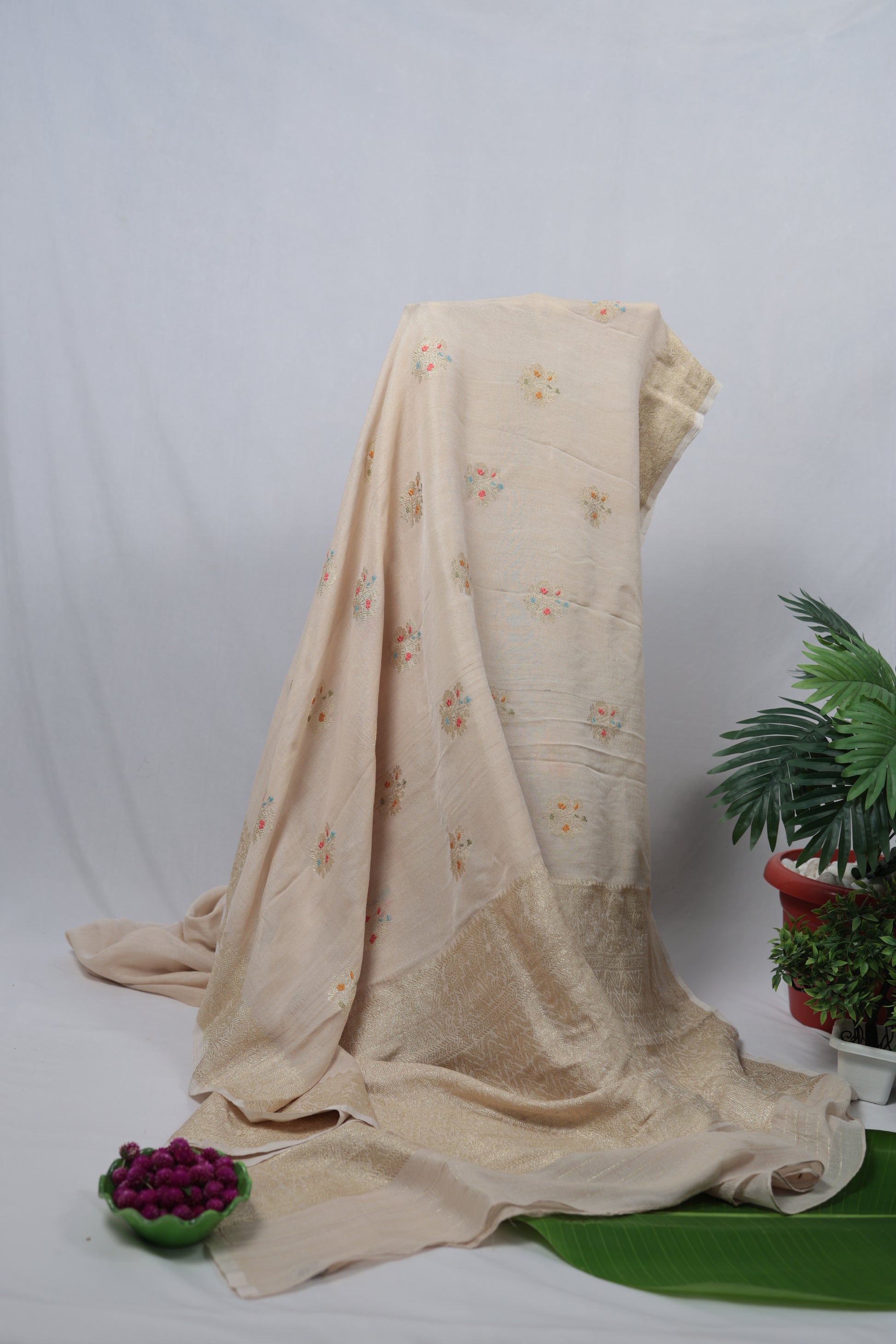 Soft drape tussar georgette Banarasi saree in elegant golden beige