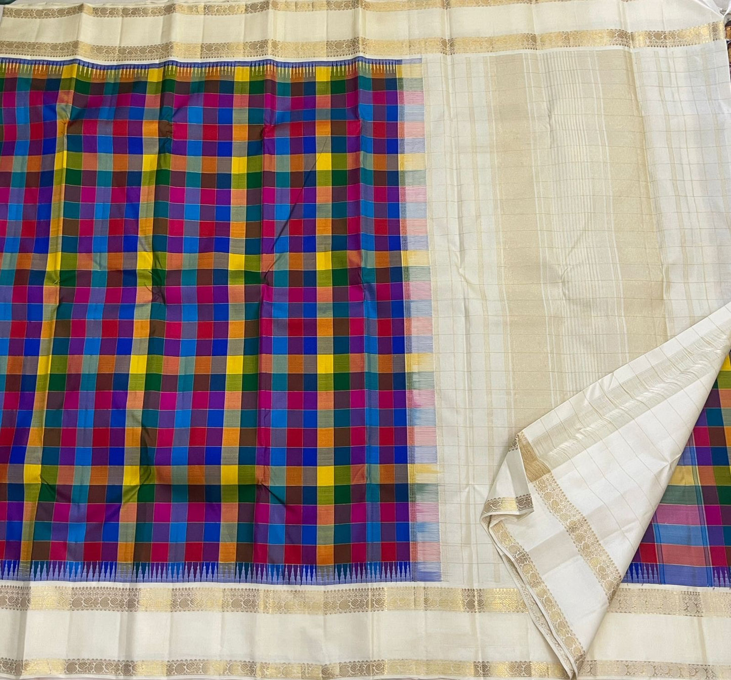 Kanchipuram Silk Saree • Kanchi Kattam Weave • Ivory Cream with Multicolor Checks