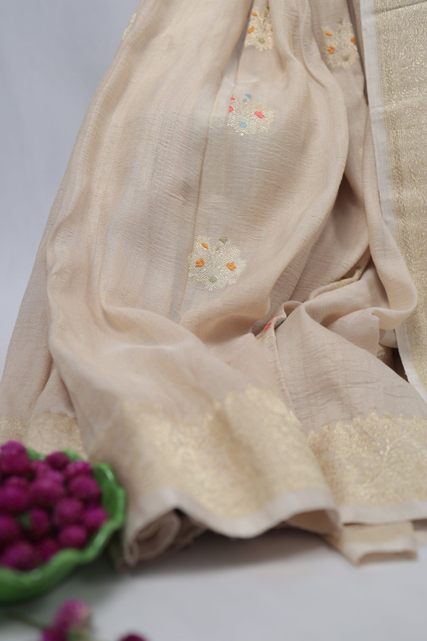 Elegant pure Banarasi silk saree in soft golden beige tone