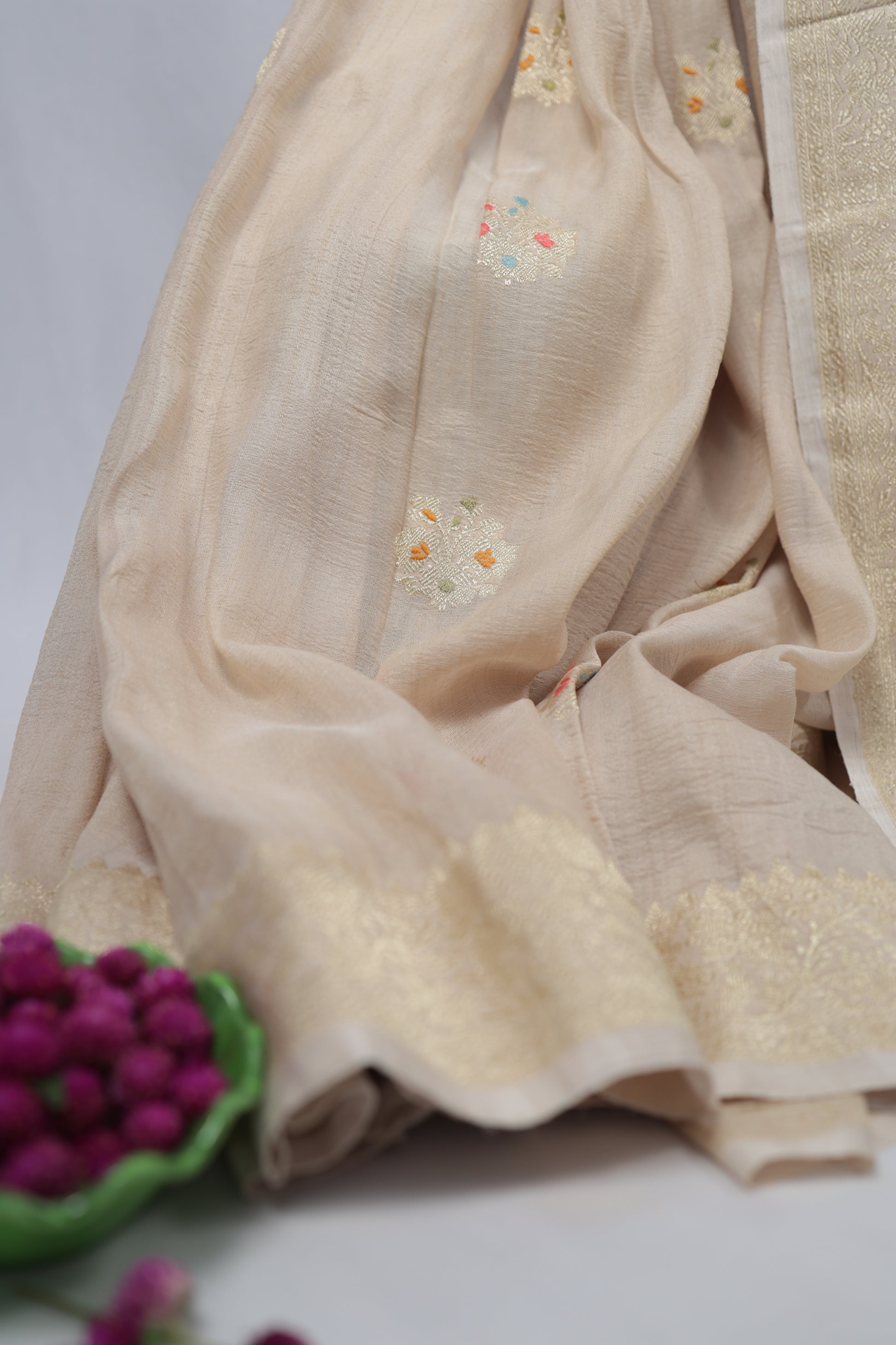 Elegant pure Banarasi silk saree in soft golden beige tone