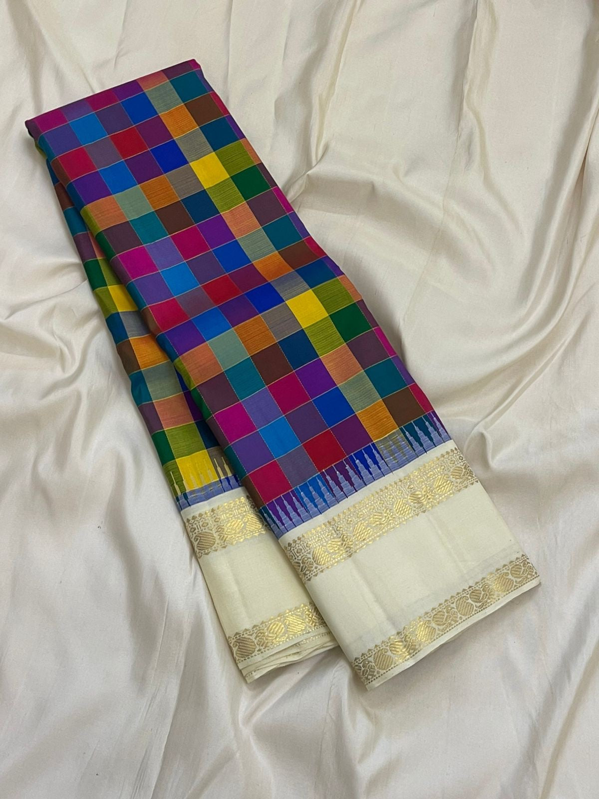 Kanchipuram Silk Saree • Kanchi Kattam Weave • Ivory Cream with Multicolor Checks