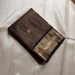 Shyama Kamalam—espresso-black Kanchipuram silk with vairaoosi stripes, lotus buttas, peacock-brocade borders & rich brocade pallu. Silk Mark. Free USA shipping.