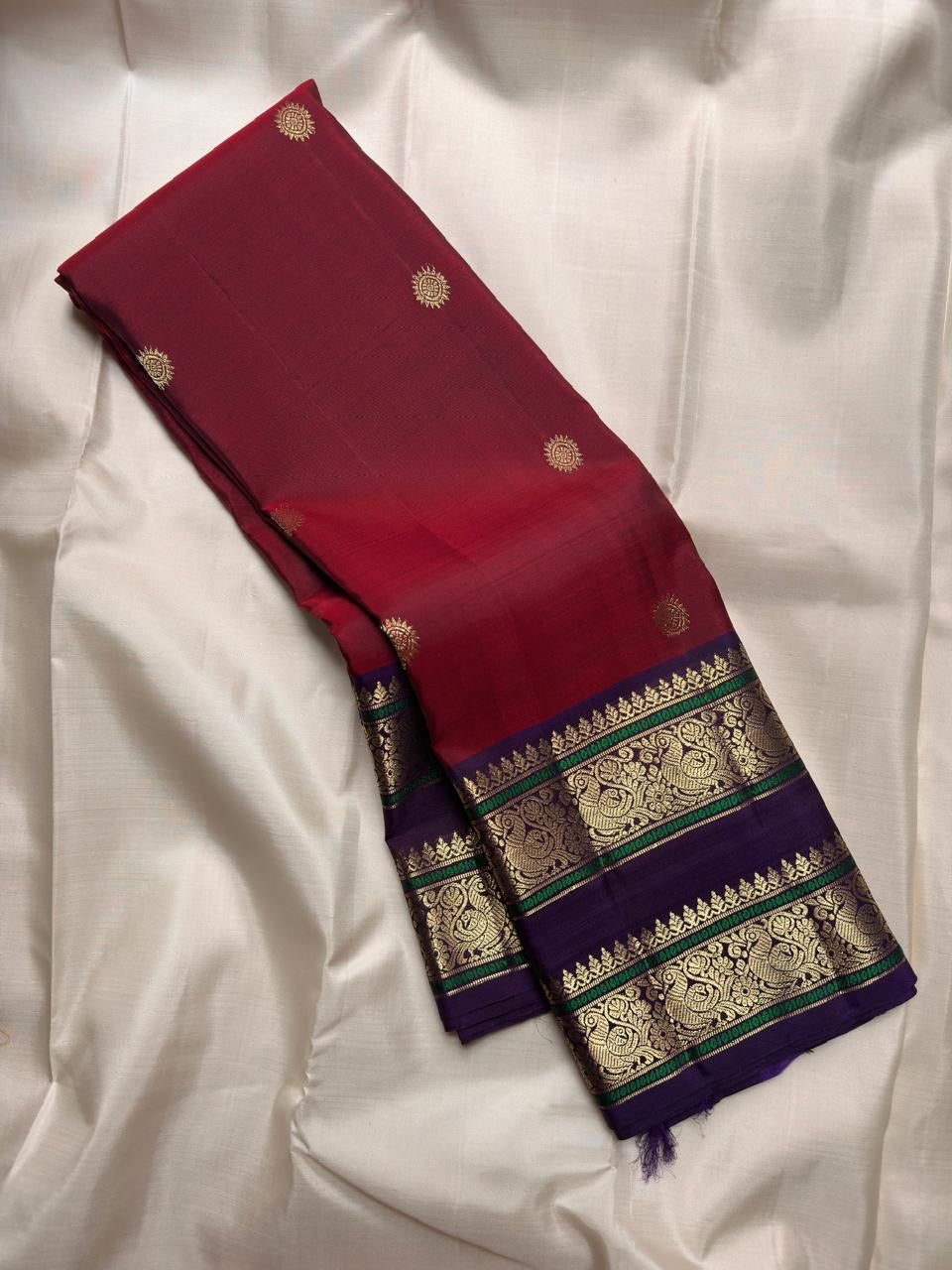 Arakku Red and Royal Purple Rettapet pure silk Kanjivaram saree, handwoven by Idam Living – view 6