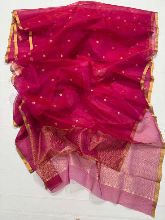 Pure Chanderi Silk by Katan – Rani Pink with Gold Buttas & Rose-Pink Tissue Pallu
Handwoven rani silk with tiny gold buttas, gold kaddi border & shimmering rose-pink tissue pallu ✨
Silk Mark Certified • Free Shipping within USA • Ships in Two Weeks