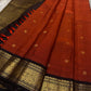 Amber Plume – Pure Kanchipuram Silk Saree
Amber Burnt-Orange Body with Vaira Oosi Stripes
Rudhraksham & Mayil Zari Woven Buttas All Over
Contrast Coffee-Brown Border with Peacock Motif Panel

Silk Mark Certified, delivery in 2 weeks