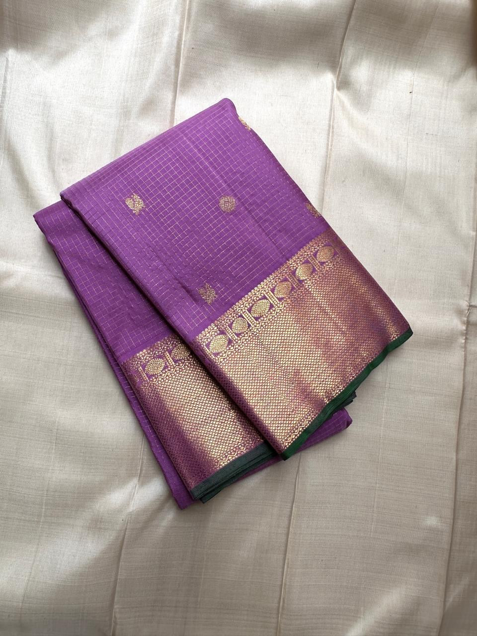 Challani – Regal Purple Kanchipuram Silk Saree with Zari Checks and Buttas & arai maadam Border and rudrakshapet with muthu seer