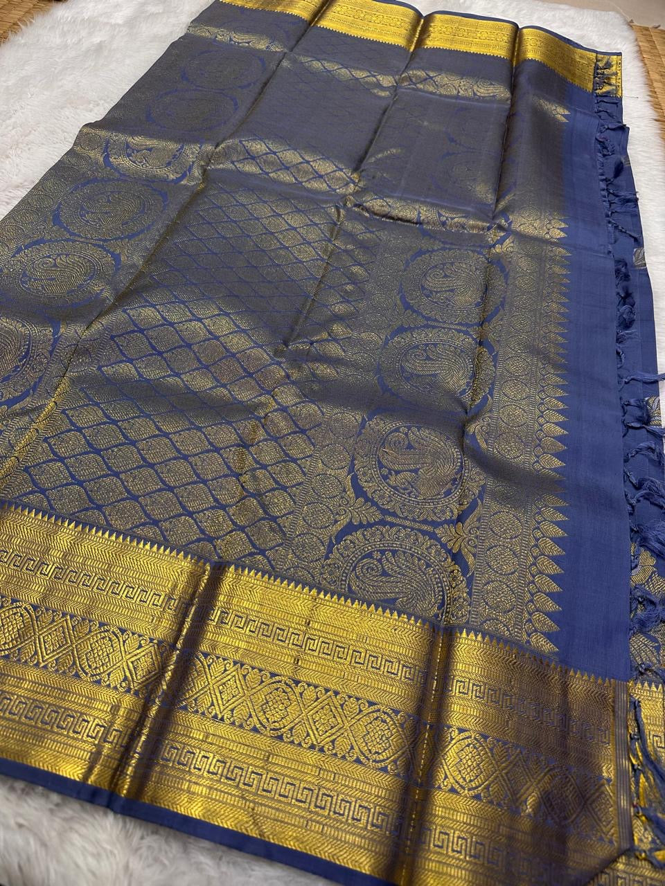 Krishnaa ✨ – Dusky Blue Pure Handwoven Kanchipuram Silk Saree with Woven Peacock Feather Zari, Varisaipet Border, Floral Vines, Sorgavaasal Mayil Pallu with Diamond Pet Grid, Bridal & Festival Ready, Silk Mark Certified, ships in a week from ordering