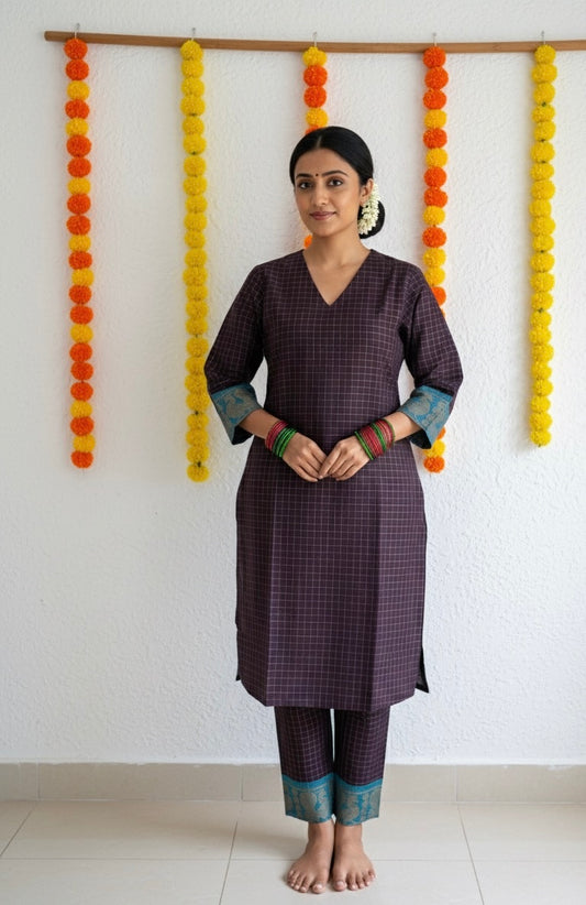 Vanappu — Jamun & Aqua Sungudi Zari Kattam Kurti Set
Deep Jamun Purple Handspun Cotton with Aqua Zari Mayil Borders & Kattam Checks ✨
Handwoven in Madurai • Fully Lined • Free USA Shipping • Ready to Ship ✅