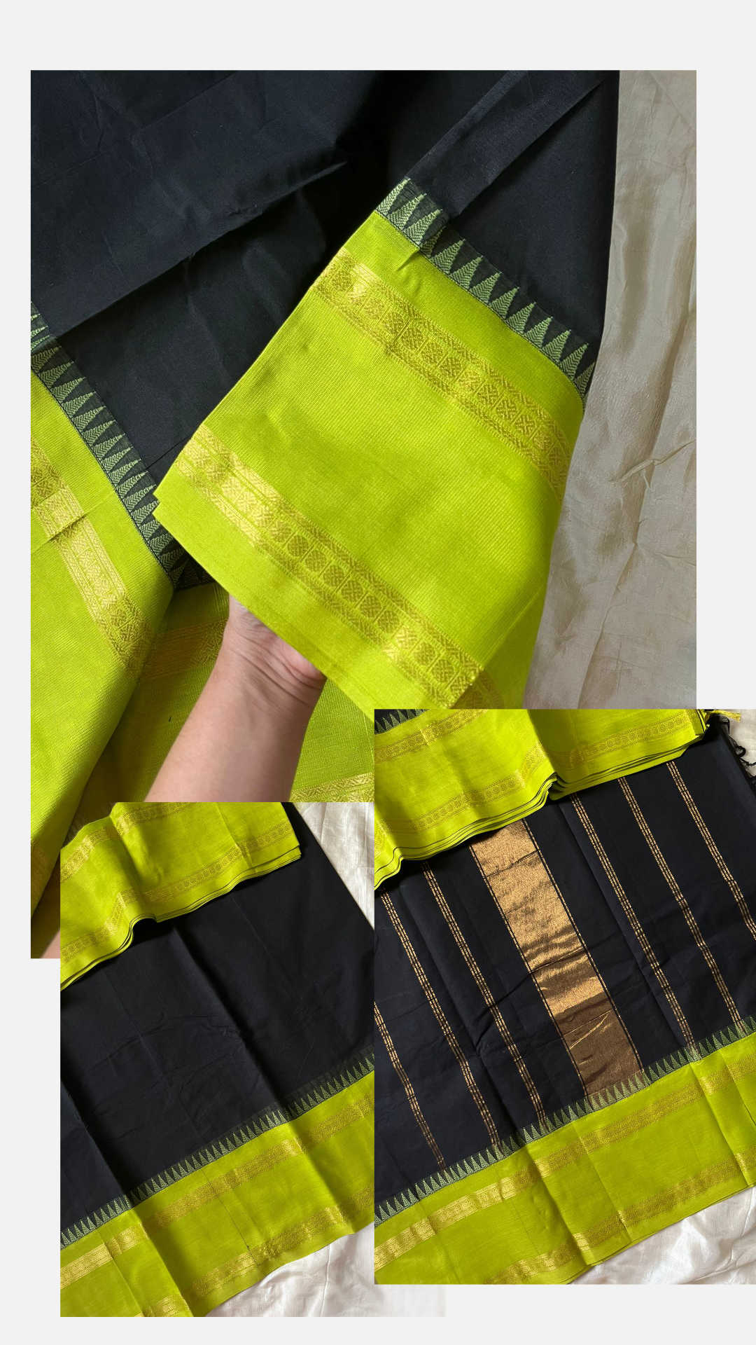 Premium Kanchi cotton saree black and lime and  embroidered blouse set