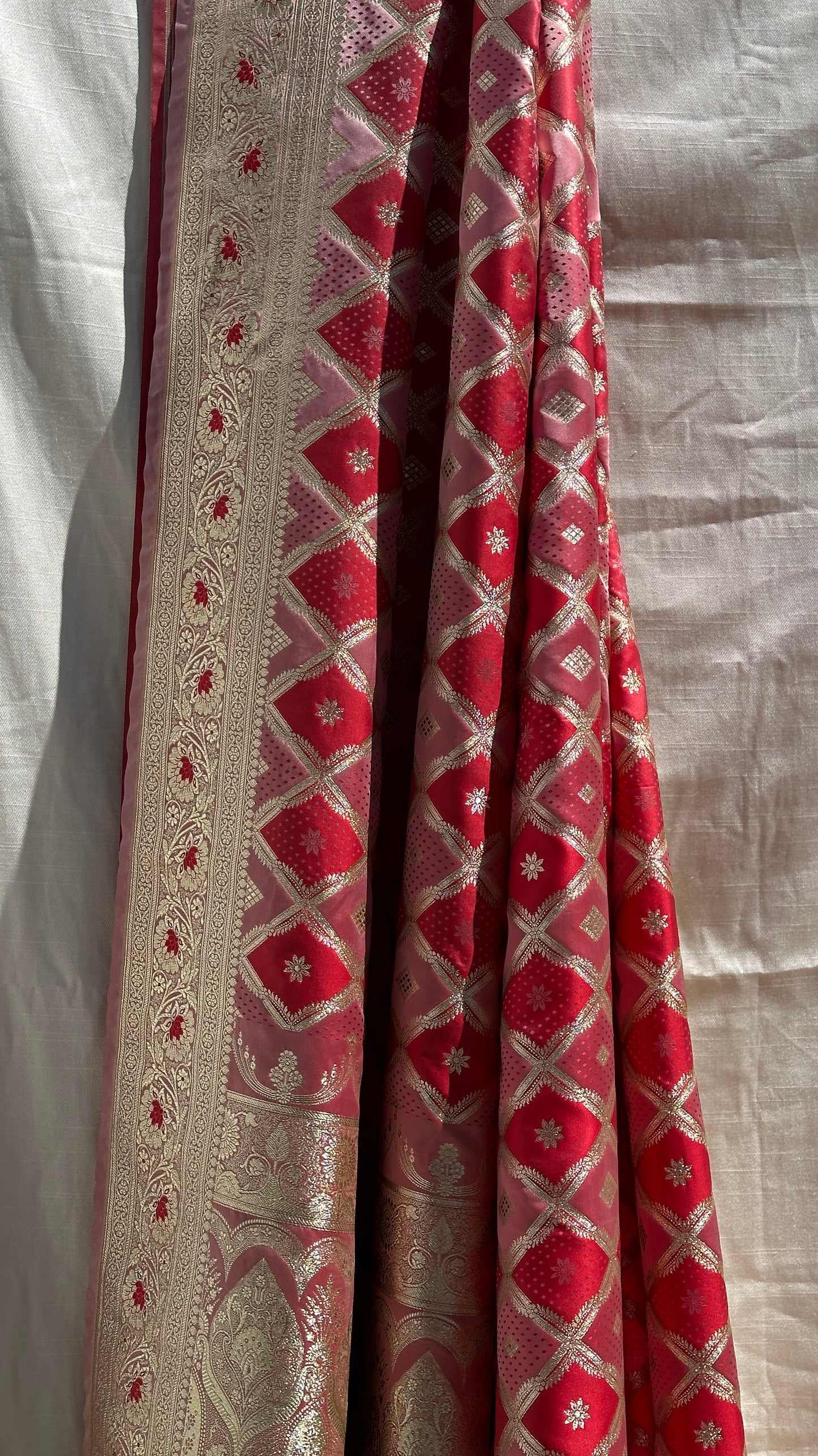 Pink and red banarasi saree set