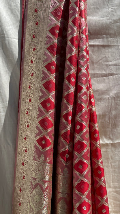 Pink and red banarasi saree set