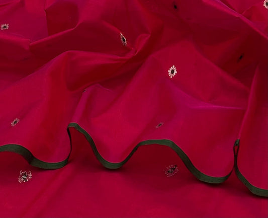 Pure tissue silk handloom chanderi tomato red  with a green Mina  with zari butta all over