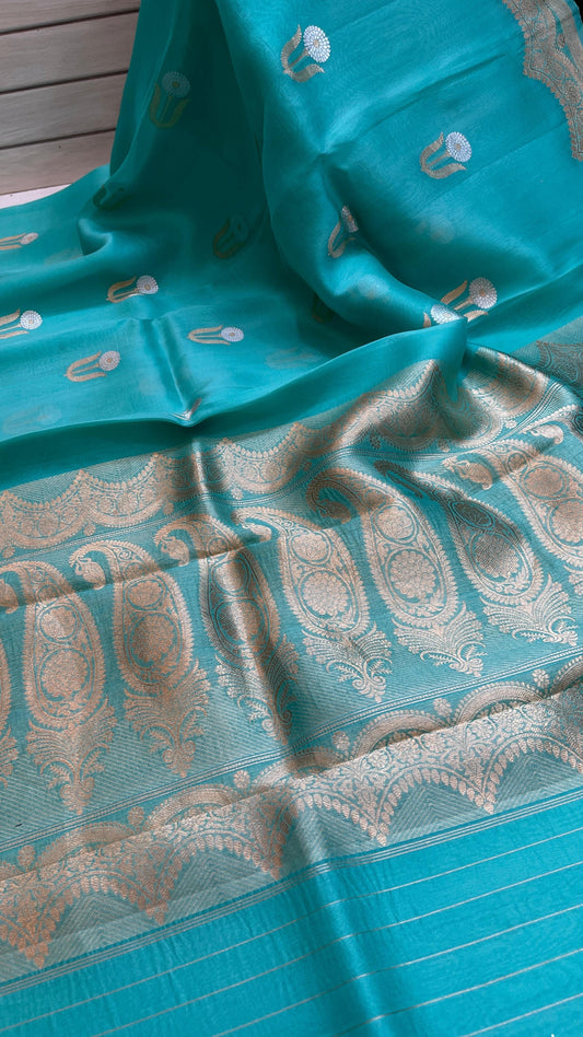 Pure ektara kora silk handloom Banarasi with kadhua sona roopa Bootas and border - blue