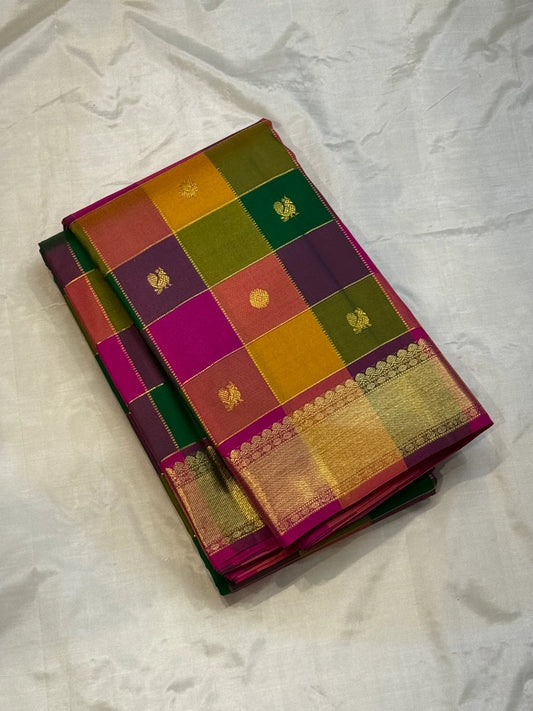 Paalum Pazhamum Petite Butta — Korvai Kattam
Magenta Borders • Petite Zari Buttas • Brocade Pallu
Silk Mark • Free USA Shipping • Ships in Two Weeks