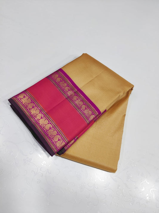 Gold Rose – Pure Kanchipuram Silk Saree
Golden Body with Subtle Self-Texture ✨
Rani-Pink Rettapet Border with Gold Zari
Grand Rani-Pink Brocade Pallu with Traditional Motifs

Silk Mark Certified, delivery in 2 weeks