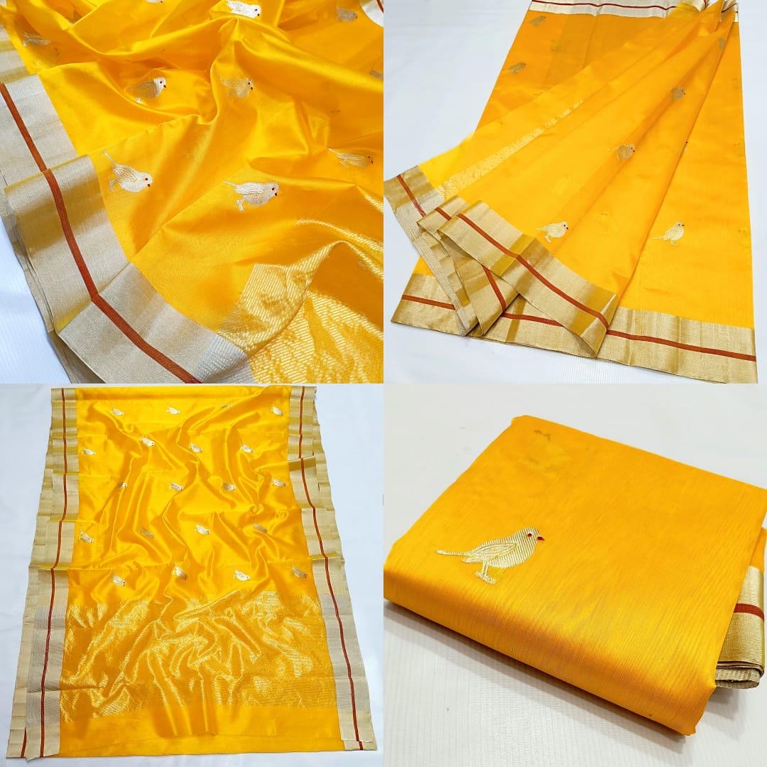 Chidiyaa 🌼✨
Pure Silk Chanderi Handloom Yellow Saree
Red Mina & Zari Buttas All Over
Contrasting Selvedge & Luxurious Zari Pallu
Handwoven by Ashok Nagar Weavers, Madhya Pradesh